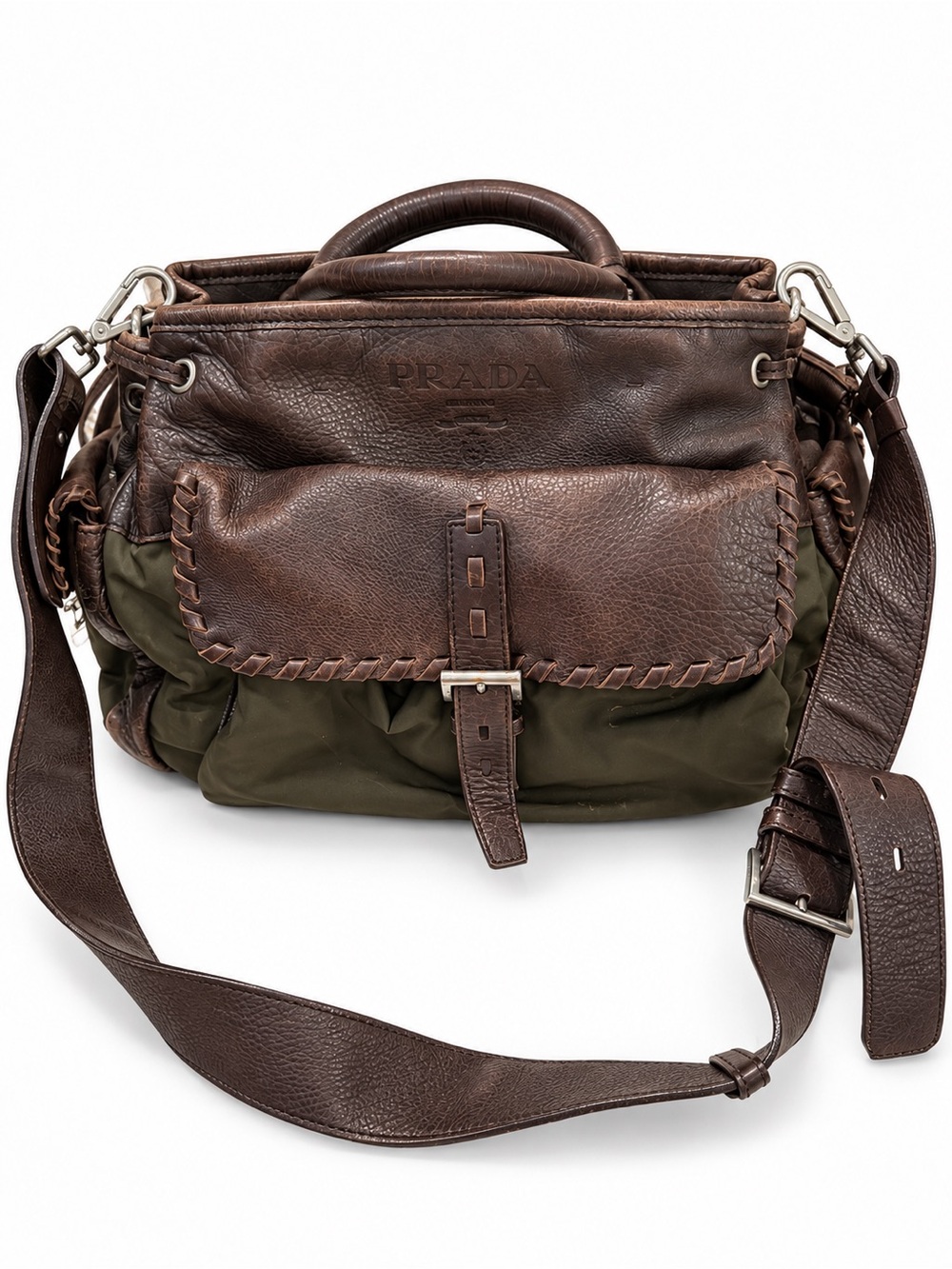 Prada Brown Leather & Olive Nylon Satchel with Shoulder Strap